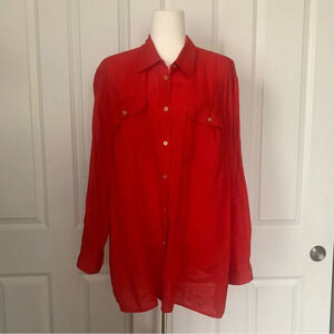 Lauren Ralph Lauren 2X Red 100% Linen Button Up Long Sleeve Shirt Black Label